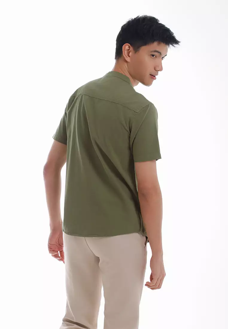 Forest Woven Mandarin Collar Short Sleeve Men Shirt | 621405-48Olive