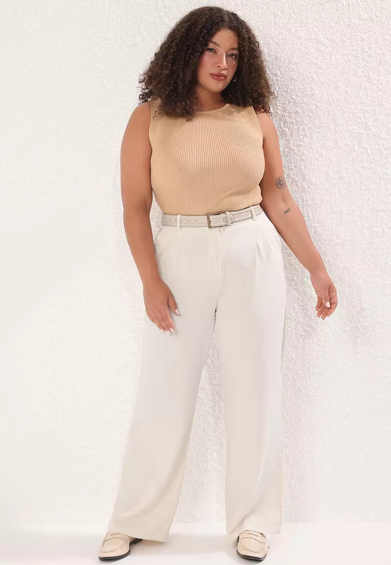 Stone Double Pleated High Waist Wide Leg Summer Woven Trousers Tbbss25Ar00021