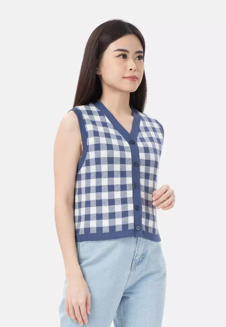Button Knit Vest Checker in Blue