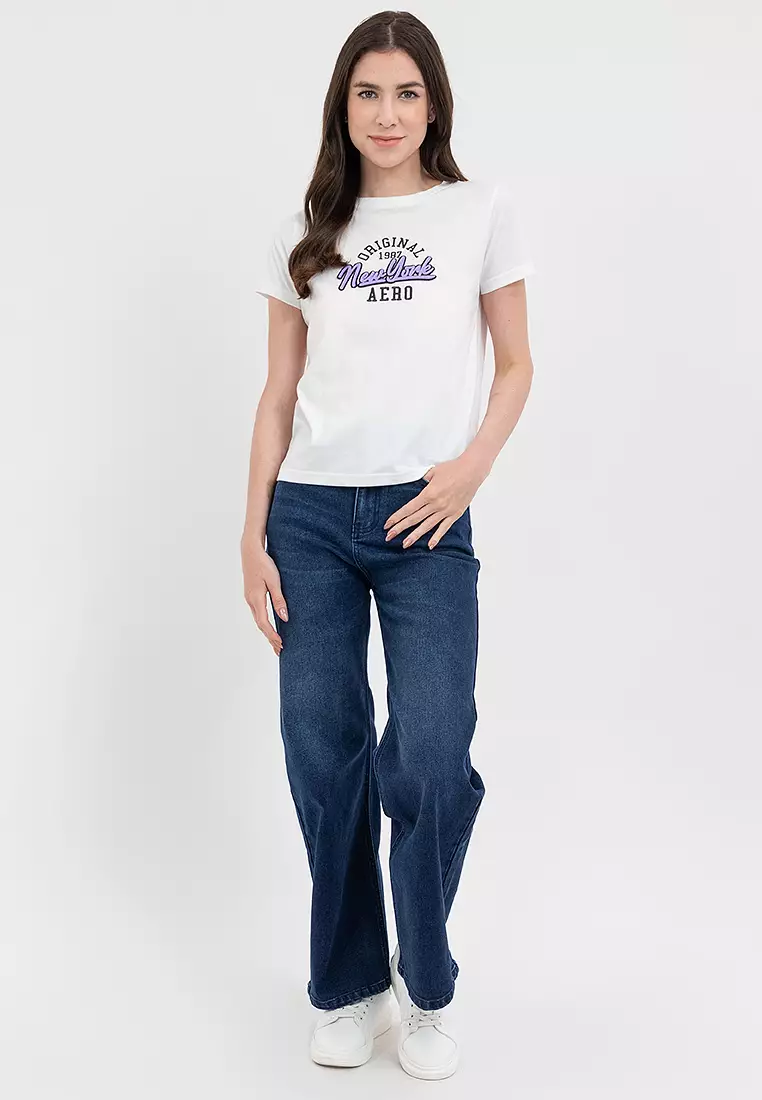 Ladies Wide Leg Denim Jeans Dark Blue