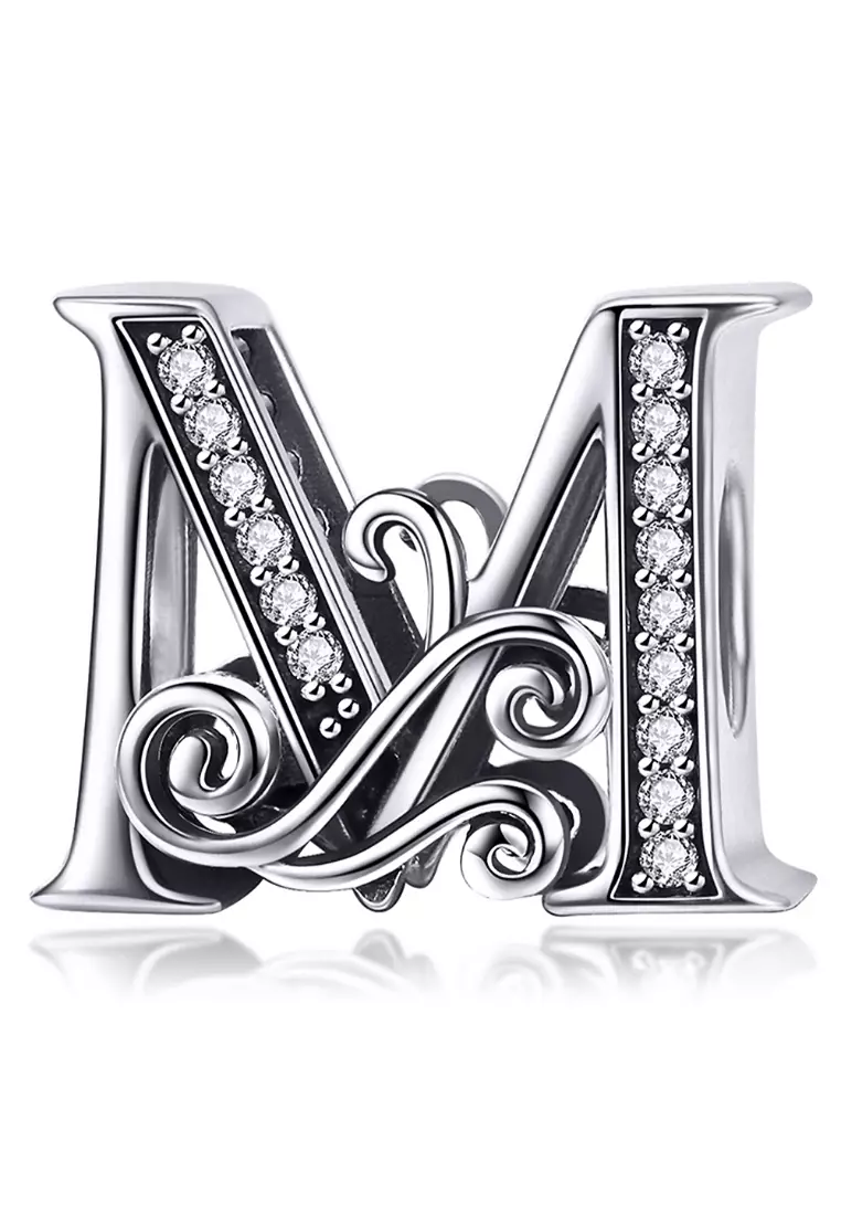 Solid 925 Sterling Silver Vintage Inspired Antique Alphabet Charm M