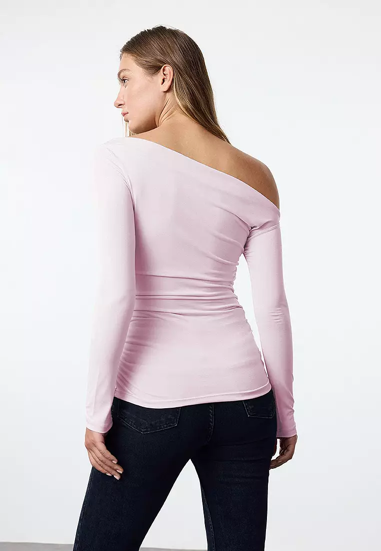 Pink Gathered/Draped Detailed Fitted Long Sleeve Flexible Knitted Blouse