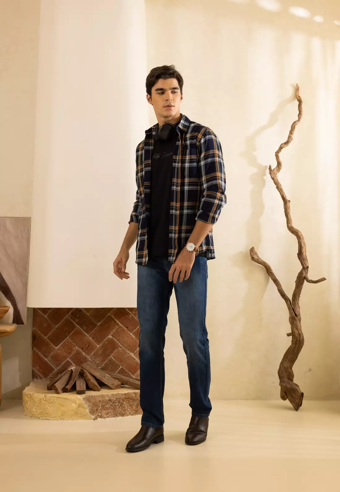 POLICE Kemeja Kotak Twill Orange Regular Fit Lengan Panjang Pria