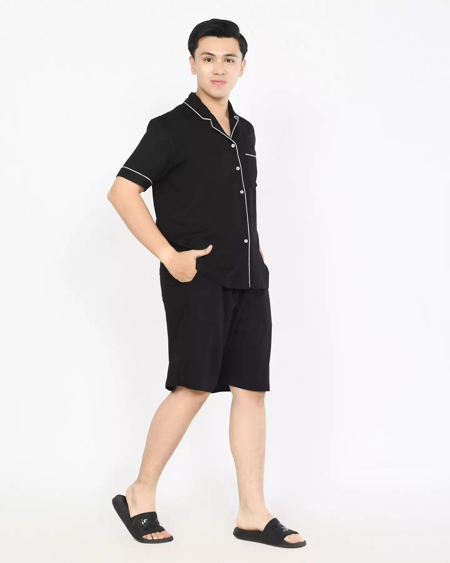 Setelan Piyama Lengan Pendek Dio [HITAM] Baju Tidur Katun Pria Size L-XXL Polos