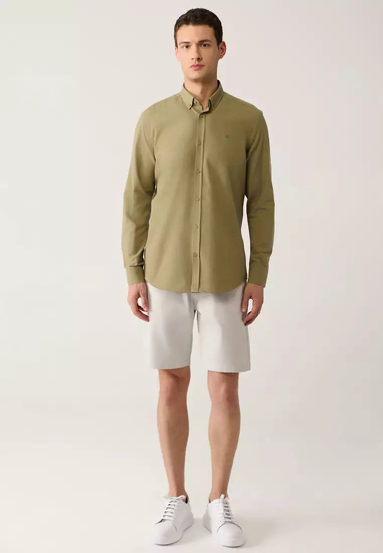 Men's Khaki Button-Down Collar 100% Cotton Linen Textured Shirt E002141