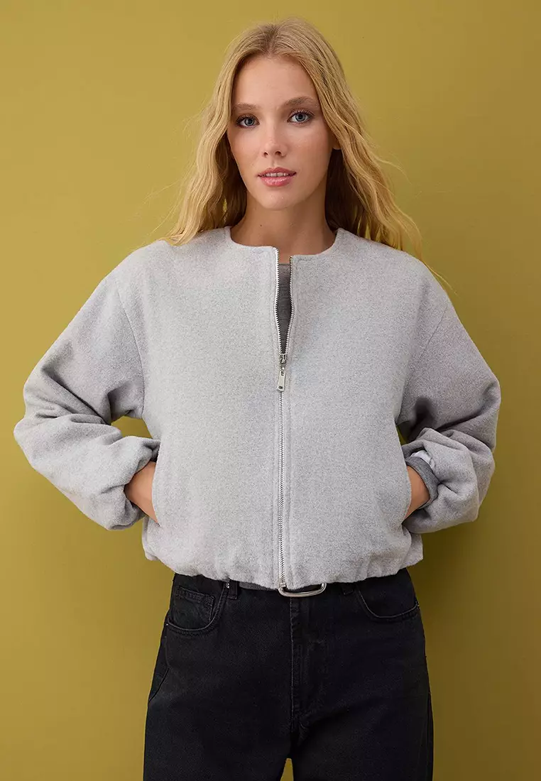 Gray Oversize Molded Cashmere Bomber Jacket Coat