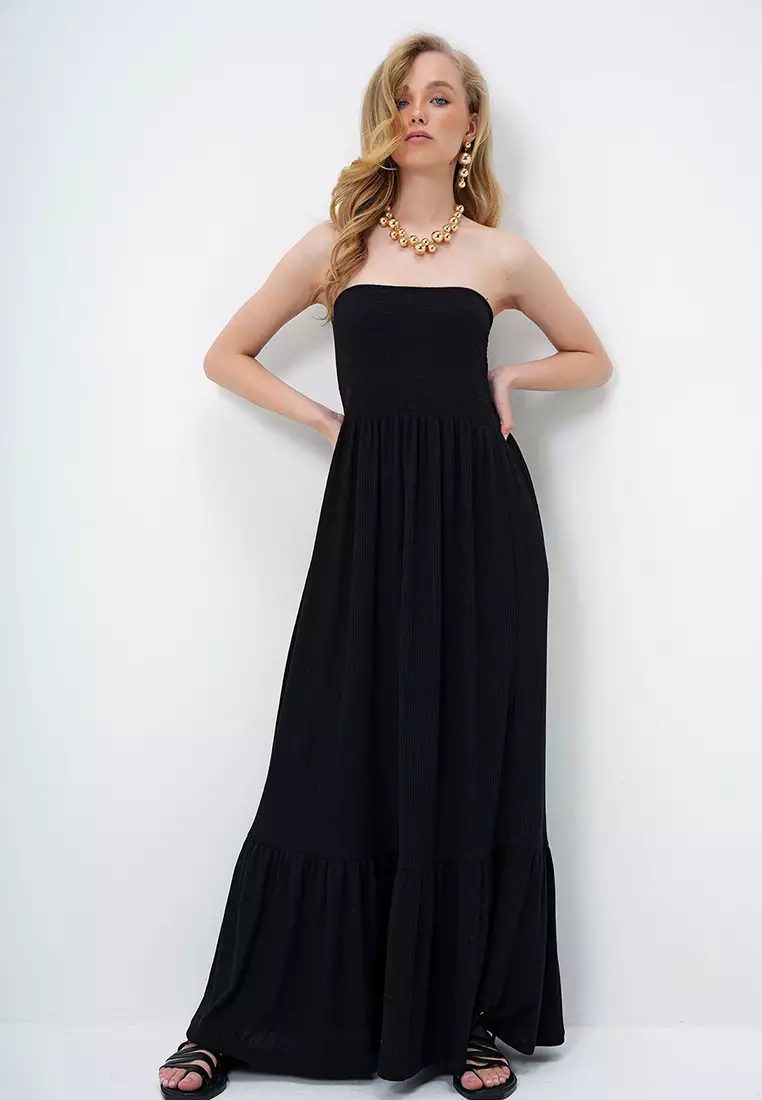 Women's Black Skirt Flounce Summer Long Strapless Dress Alc-X14127