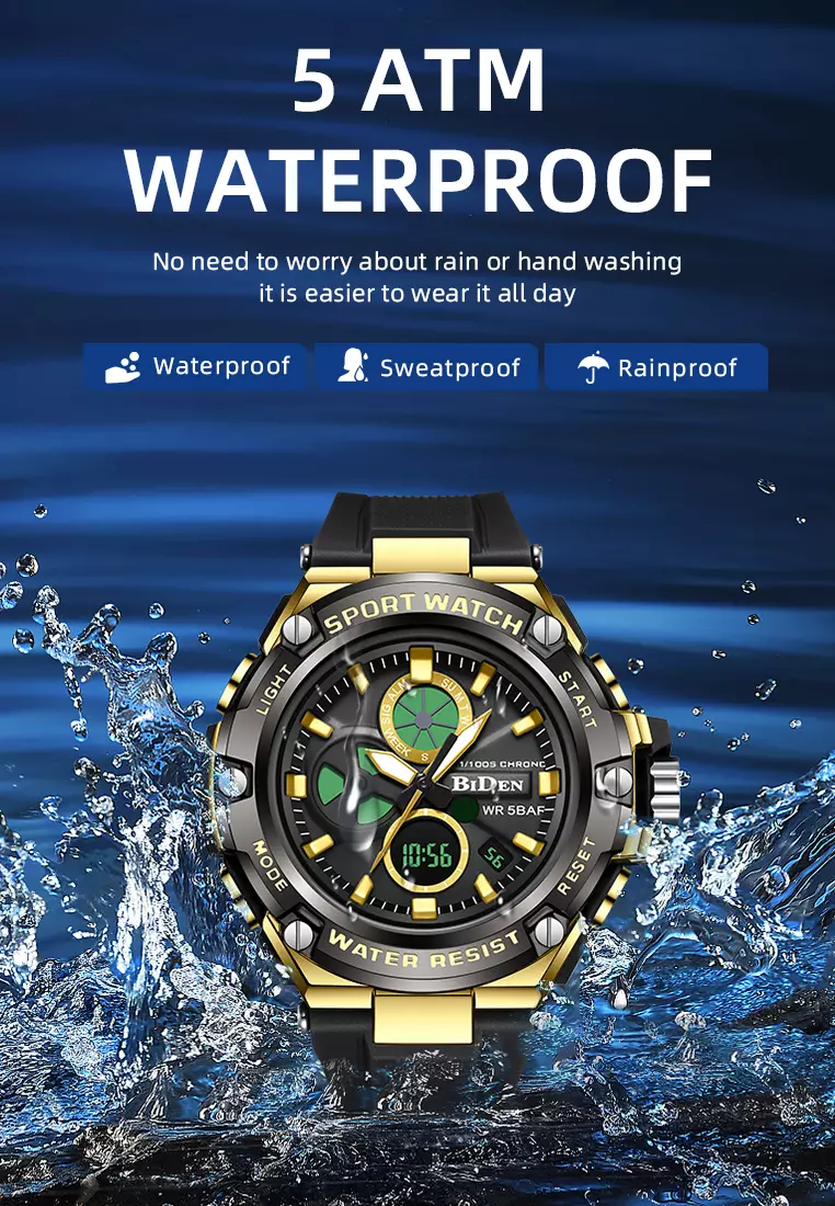 Jam Tangan Pria Original Digital&Analog Bercahaya  Anti Air Alarm Tali Silikon Jam Tangan Cowok Olahraga gold