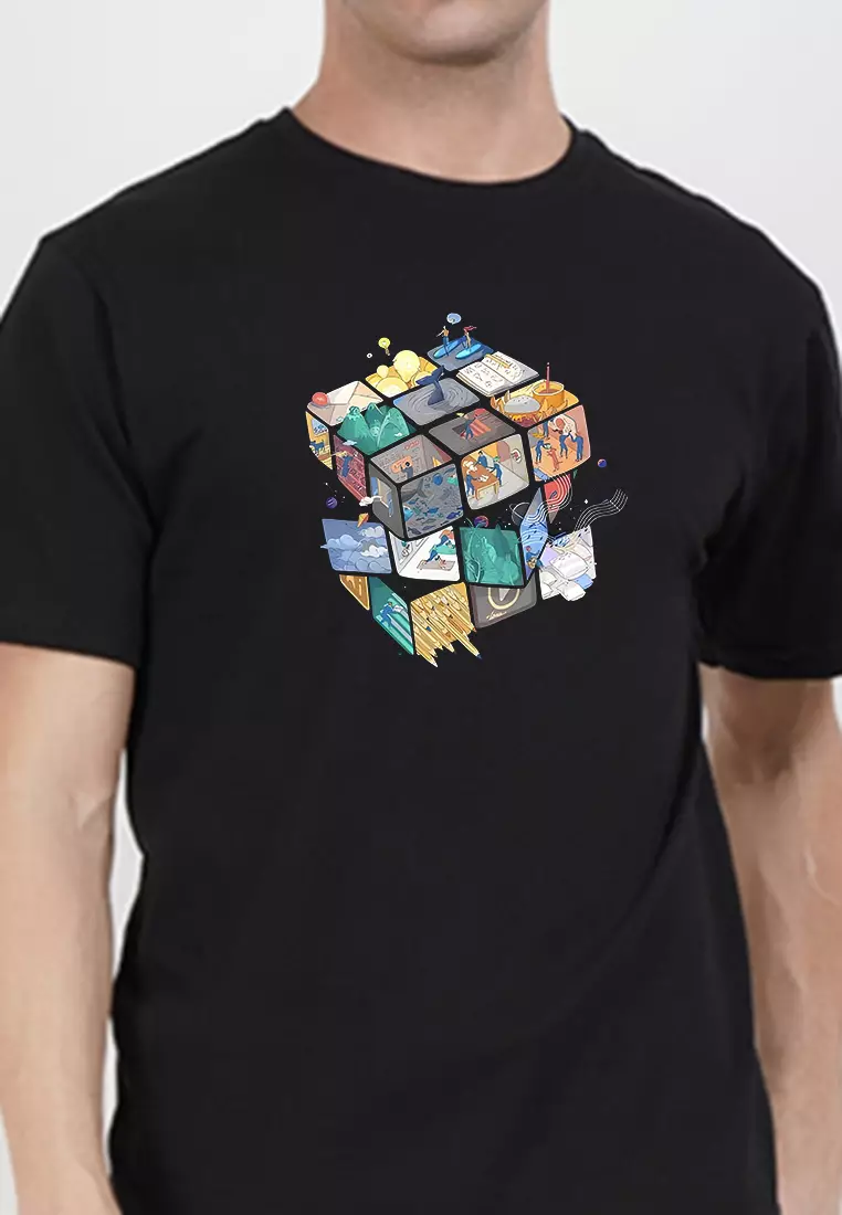 Life Cube 图案黑色纯棉标准版型T恤/短袖T恤，圆领