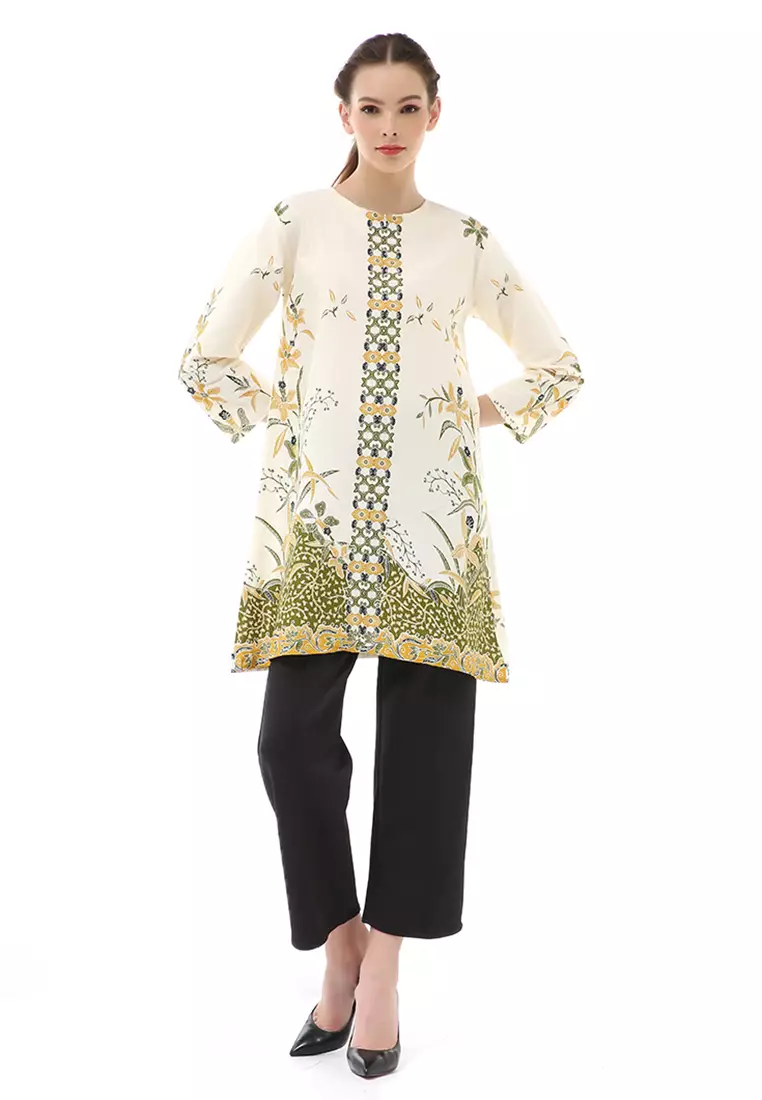 Olaf Atasan Batik Wanita Tunik Traditional Motive Simple Design Material Cotton ORIGINAL - White Green