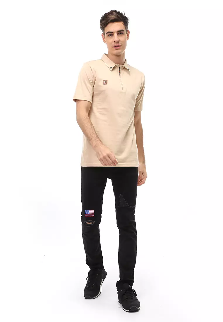 Jack Atasan Casual Pria T-Shirt Kaos Polo Resleting Short Sleeve Material Cotton ORIGINAL - Cream