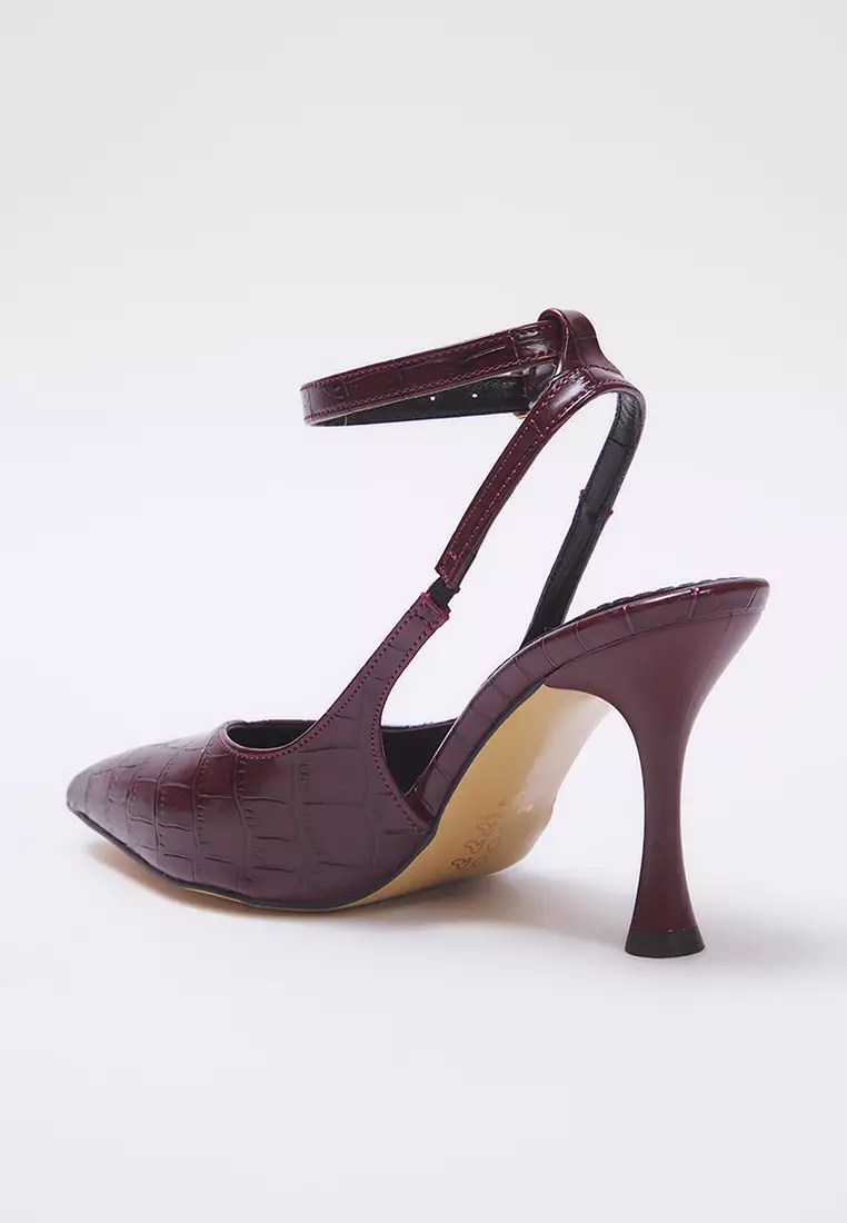 Burgundy Crocodile Pattern Pointed Toe Women Thin Heels Shoes Takss25To00082