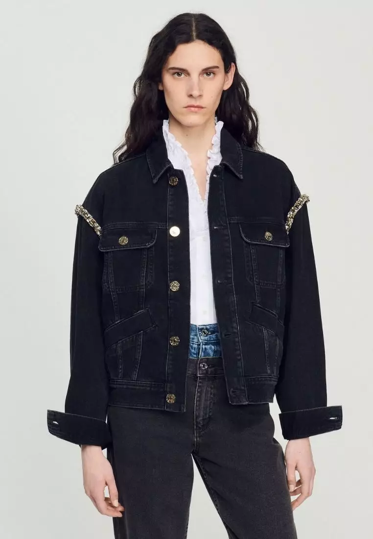 Sandro denim jacket with rhinestone fringe online