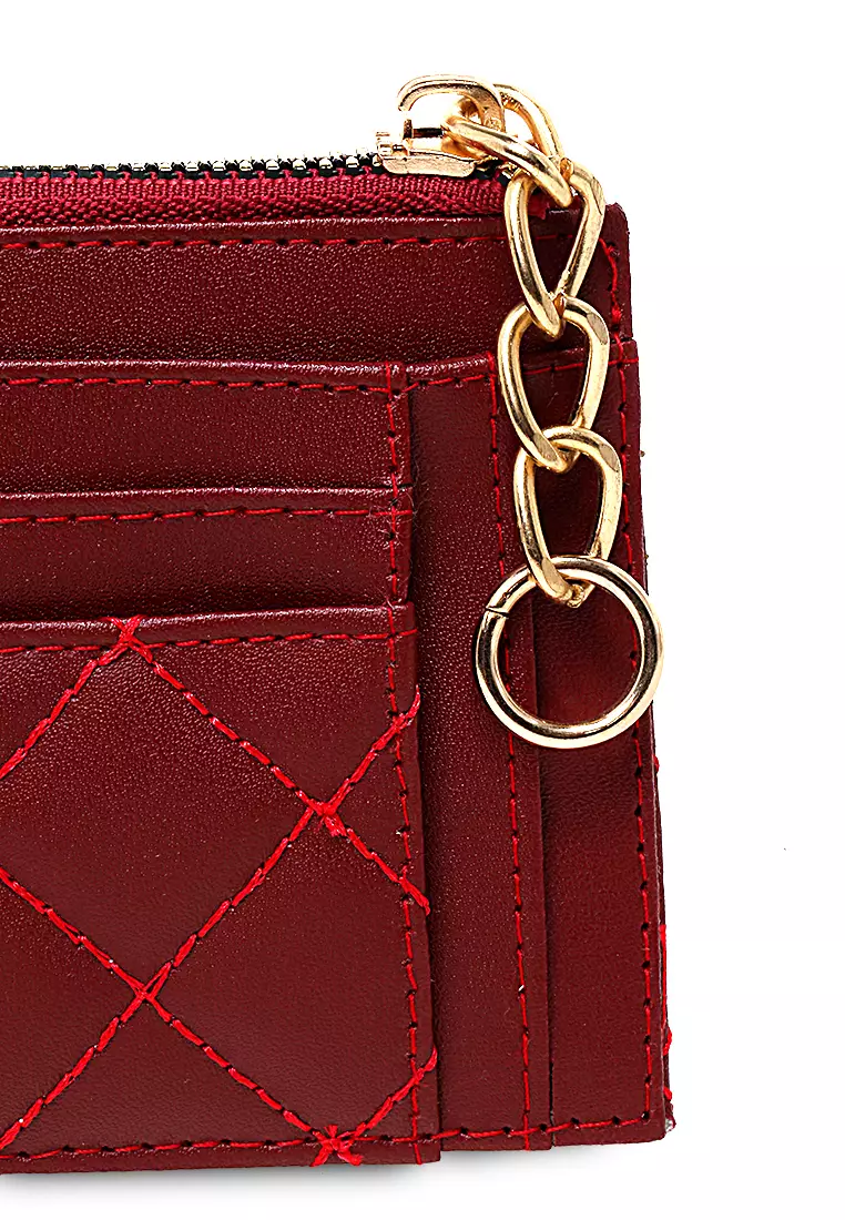 Dompet Kartu Motif Bordir Material Leather Card Holder Mini Wanita 5 Slot + 1 Slot Money - Merah
