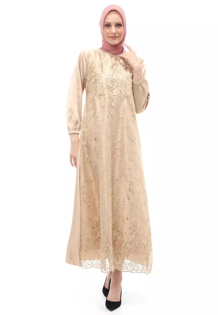 Monita Gamis Brokat Tile Wanita Muslimah Regular Fit - Mocca