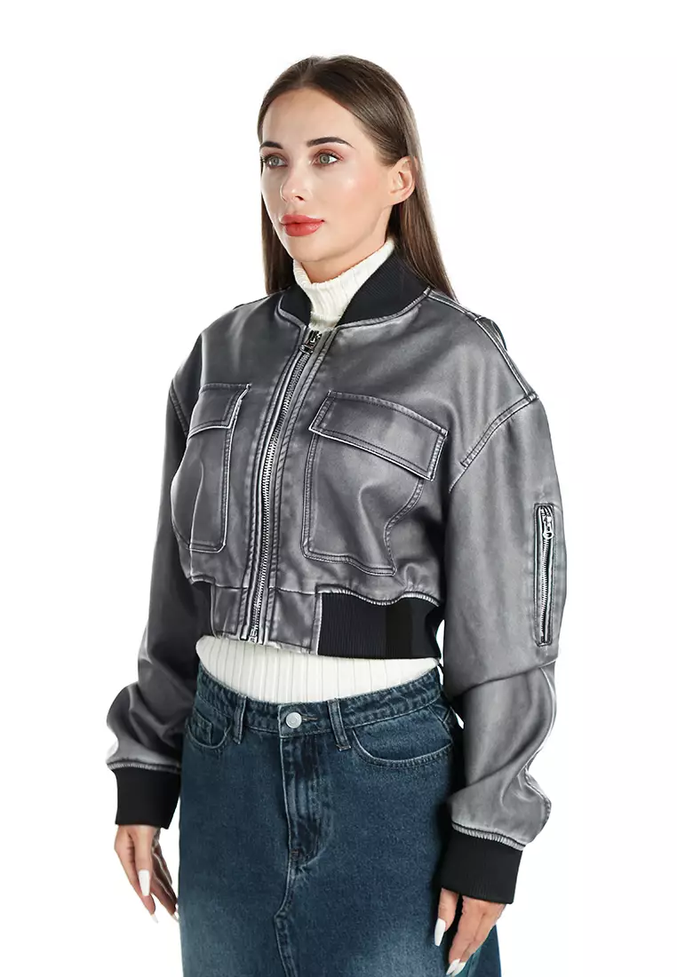 Jaket Lengan Panjang dengan Kantong Lipat Warna Charcoal