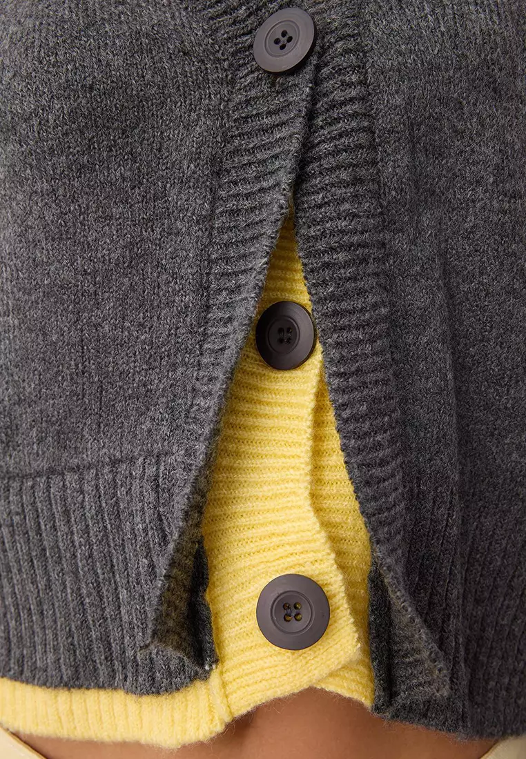Gray Crop Block V Neck Soft Textured Knitwear Cardigan
