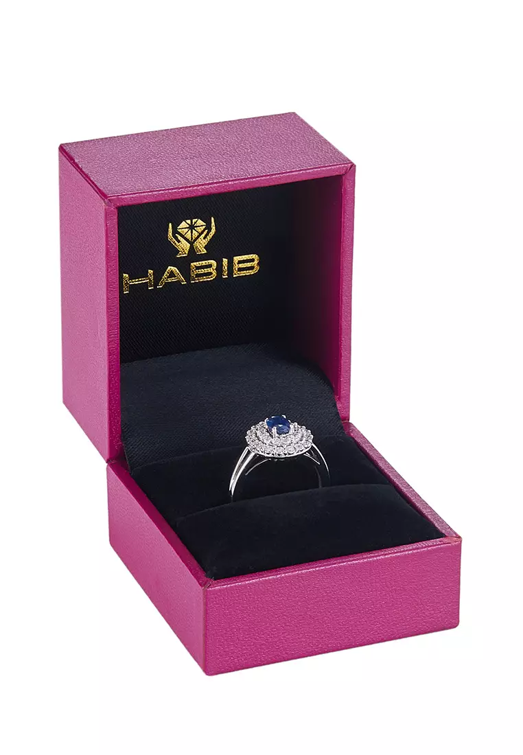 HABIB Oval Shape Blue Sapphire Halo Round Diamond Ring in 375/9K White Gold 24709