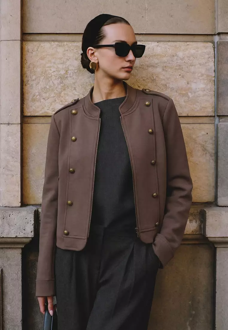 Brown Fitted/Body-Fitting Zippered Lined Button Detailed Napoleon Jacket Twoss26Ce48