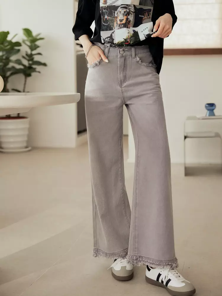 Washed Frayed Hem Denim Jeans [BA7507]