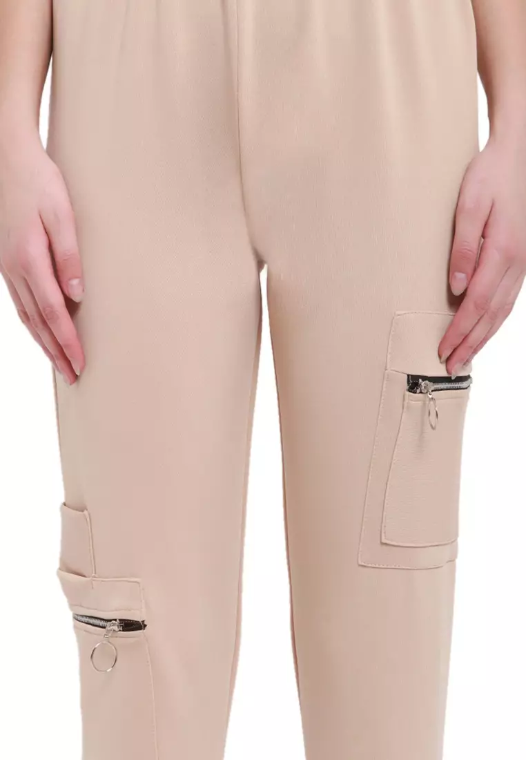 Levana Celana Jogger Zipper Long Pants Rubbery Waist Bawahan Wanita - Cream