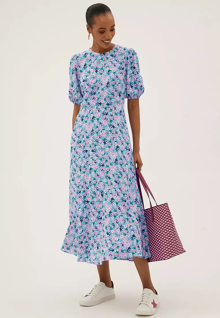 Jual Marks & Spencer Floral Round Neck Midaxi Tea Dress Original 2024 ...