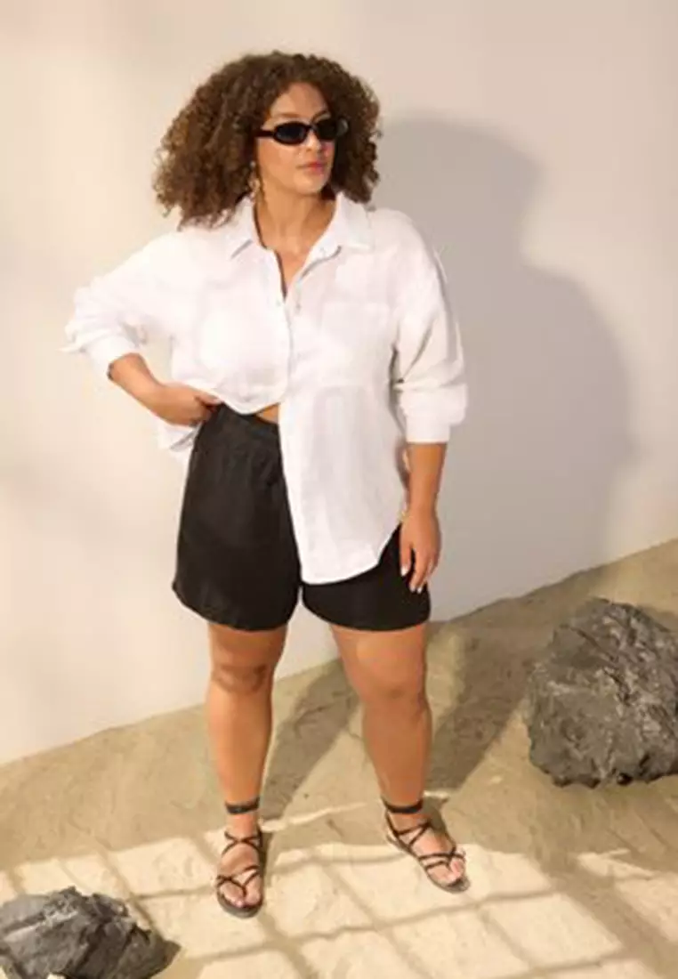 White 100% Linen Summer Large Size Shirt Tbbss25Ax00021