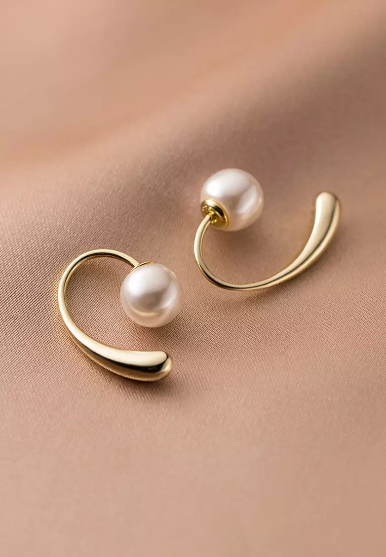 925 Silver Plated Gold Water Drop Design Faux Pearl Earrings JW AR-M00927