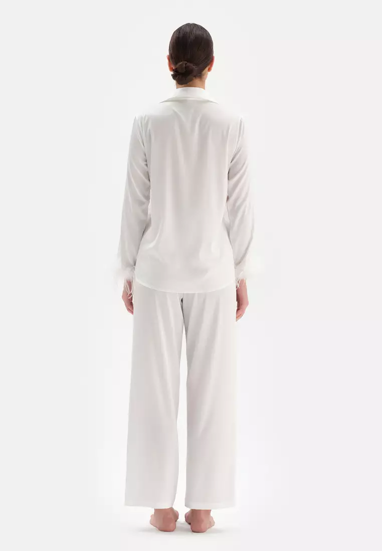 White Bride Shirts & Pants, Shirt Collar, Regular Fit, Long Leg, Long Sleeve Sleepwear for Women