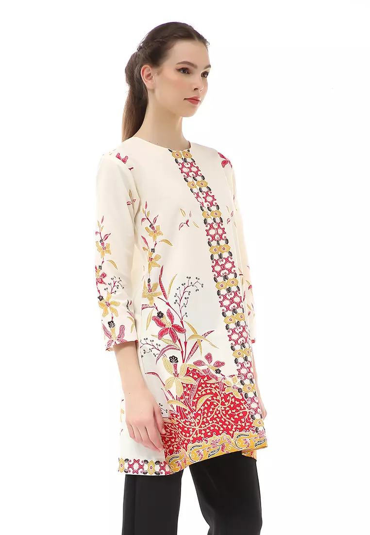 Olaf Atasan Batik Wanita Tunik Traditional Motive Simple Design Material Cotton ORIGINAL - White Red