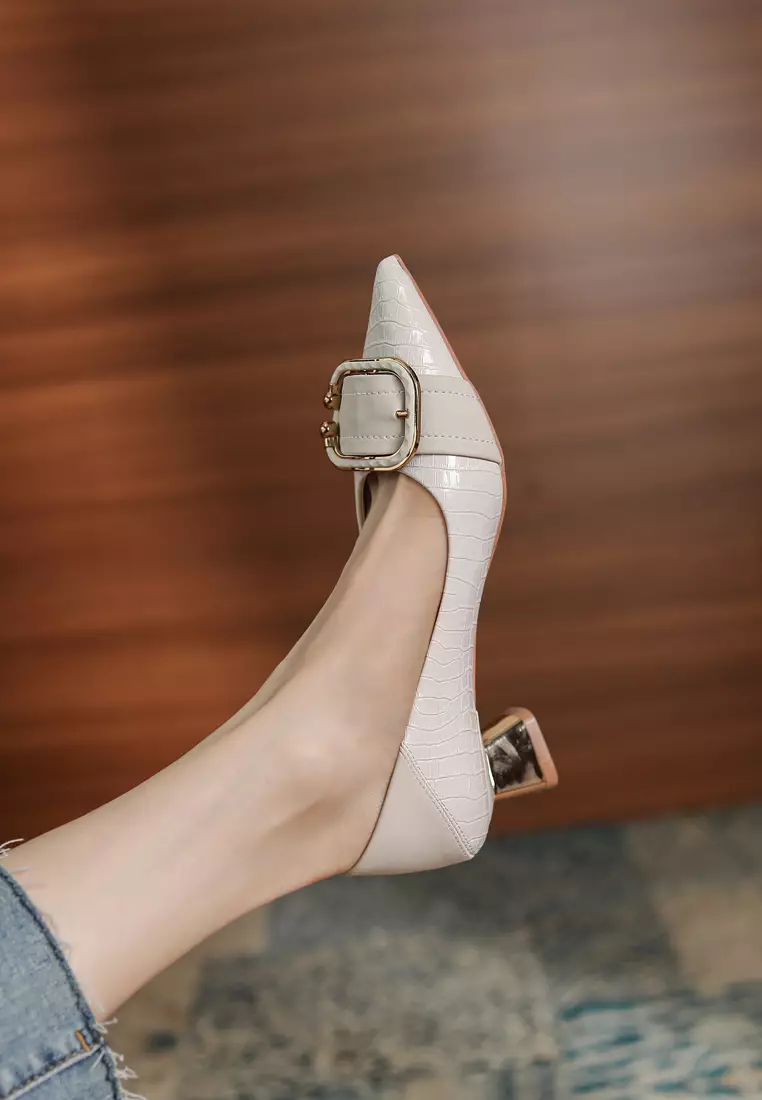 5CM Pointy Square Buckle Textured Pumps XJ568-2