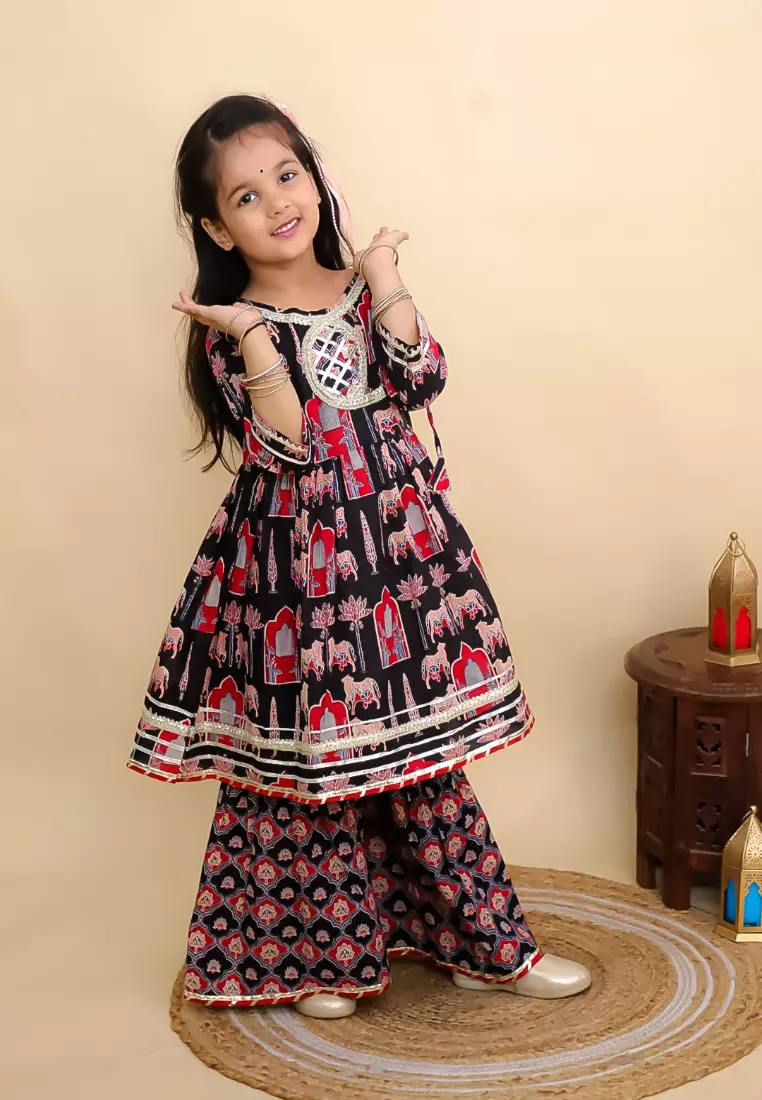 The Mom Store Girls Ragini Mudra Anarkali Kurta Sharara Set - Black