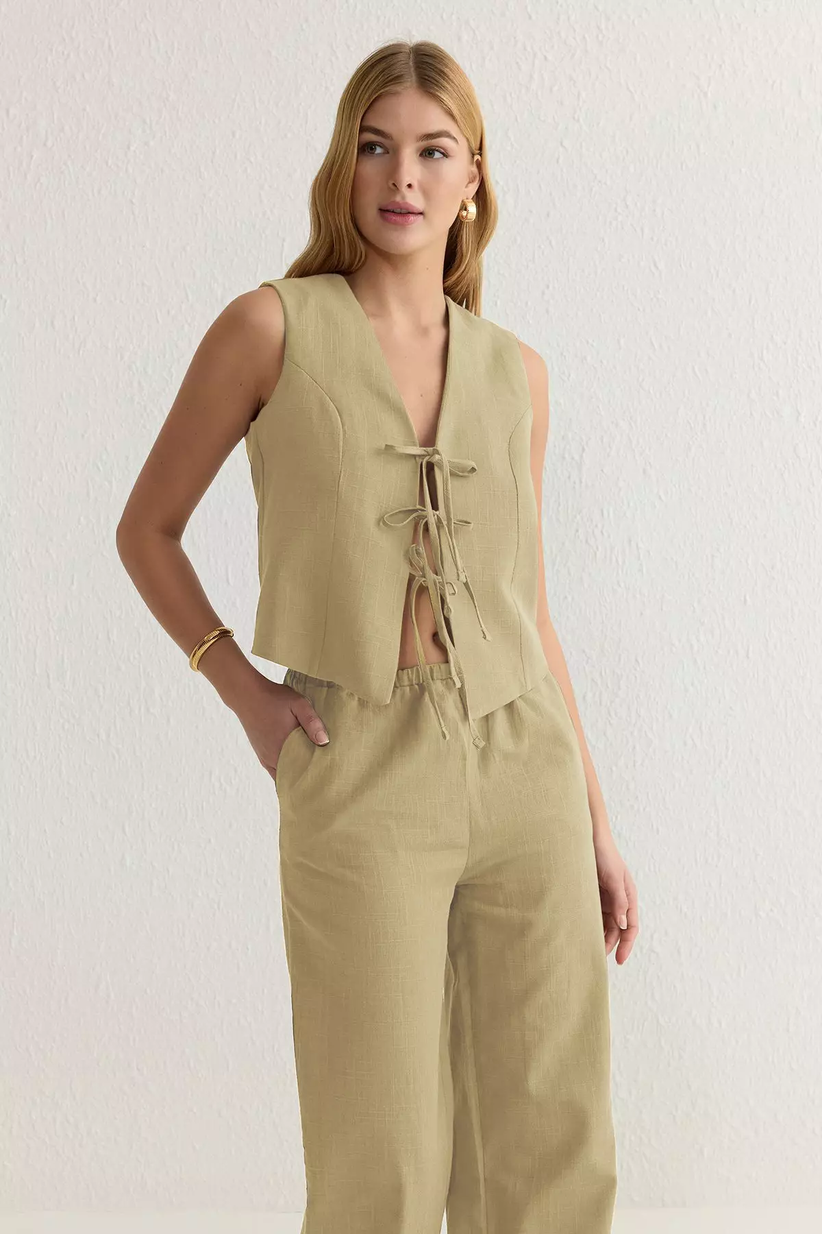 Yellow Bow Linen Look Blouse with Wide Leg Trousers Woven Double Bottom-Top Set TWOSS25AU00034