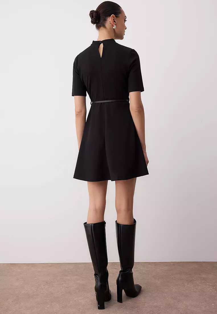 Black Stand Collar Three Quarter Sleeve Skater/Waist Open Mini Knit Dress