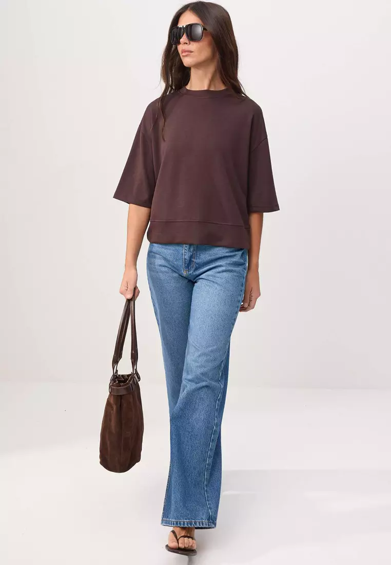Brown Oversized /Wide Fit Low Sleeve Three Quarter Soft Touch Knitted T-Shirt Twoss26Ts182