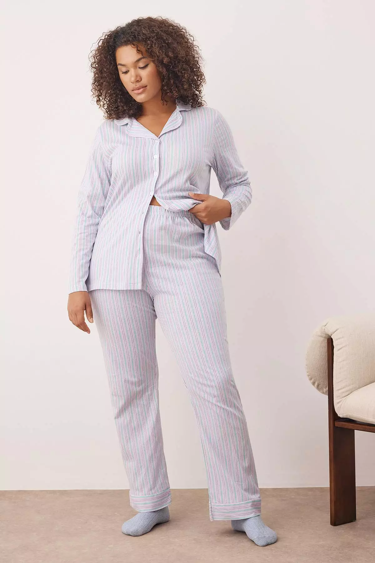 Lilac 100% Cotton Striped Shirt-Pants Knitted Pajama Set Tbbaw26Ai00017