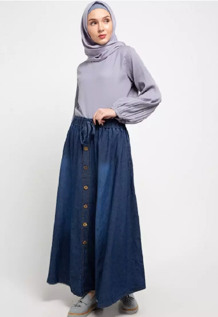 Long Skirt Denim Flare W/ Button