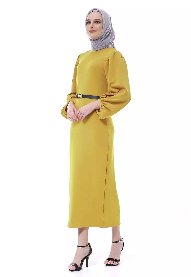 Shima Dress Fashion Muslimah Wanita Long Sleeve Free Belt Premium High Quality - Kuning