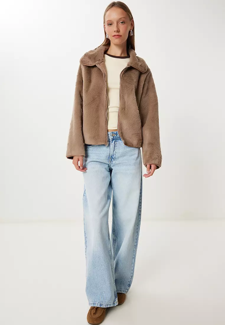 Women's Beige Brown Double Sided Polo Collar Jacket Kt00015