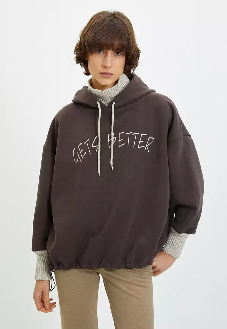 Brown Thick Fleece Inner Tricot Tape Detailed Hooded Knitted Sweatshirt