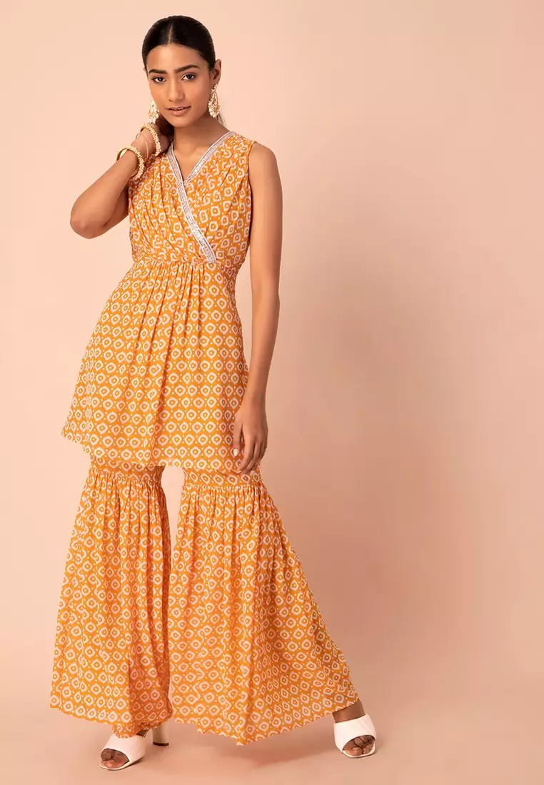 Yellow Ikat Printed Pleated Short Kurta