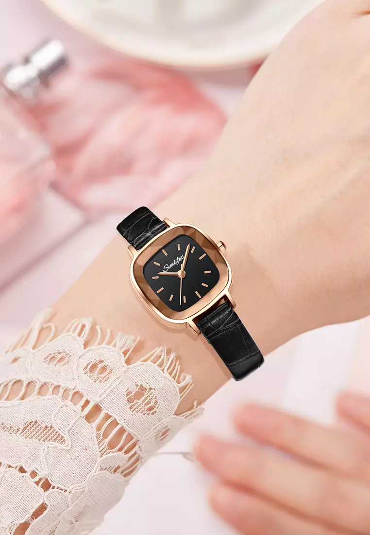 Jam Tangan Wanita 8003 Kuarsa Santai Anggun Jam Wanita Kecil Tali Kulit Jam Tangan Cewek black