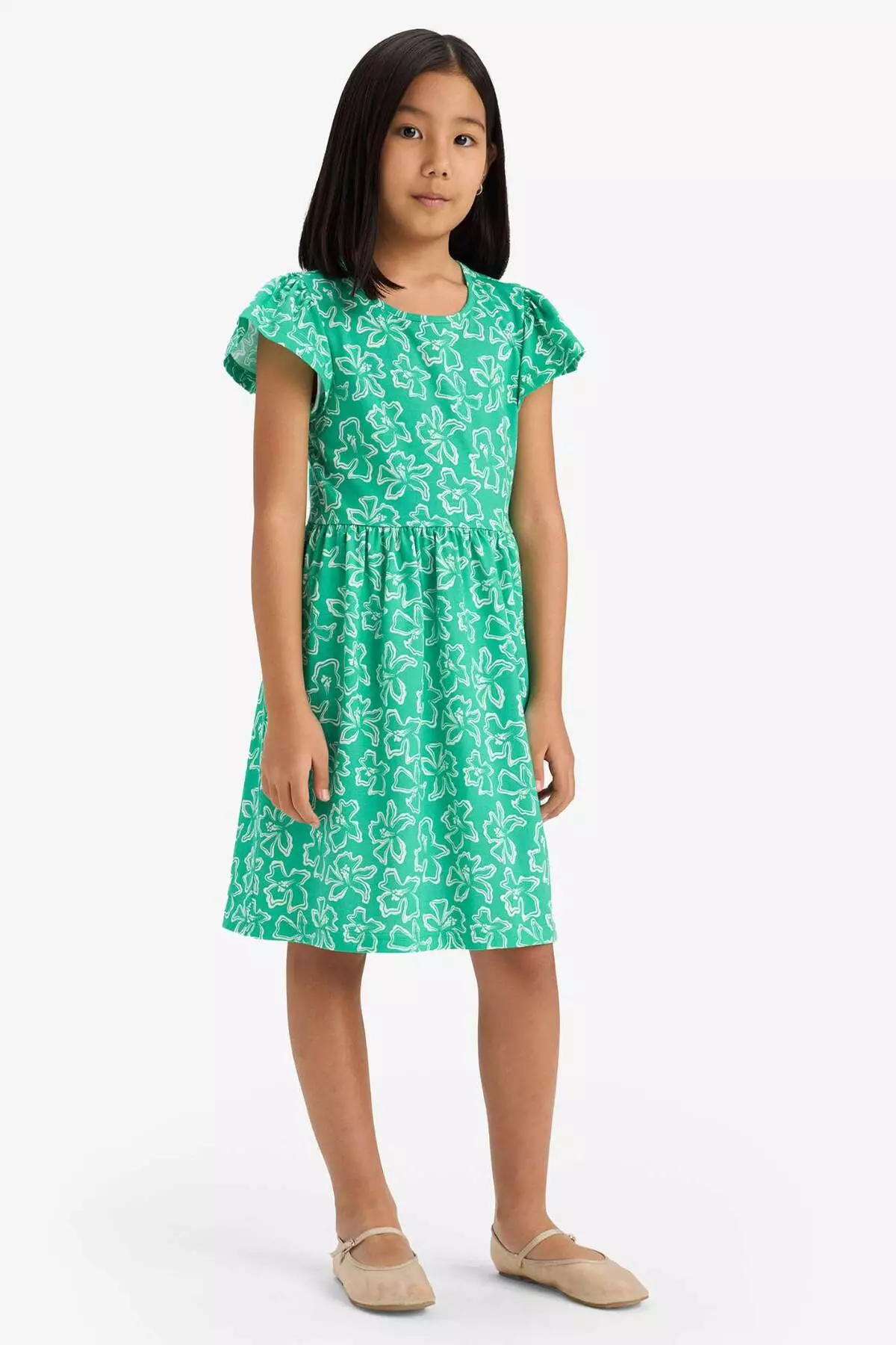 Girls' Crew Neck Patterned Short Sleeve Summer Dress B4339A825Sm