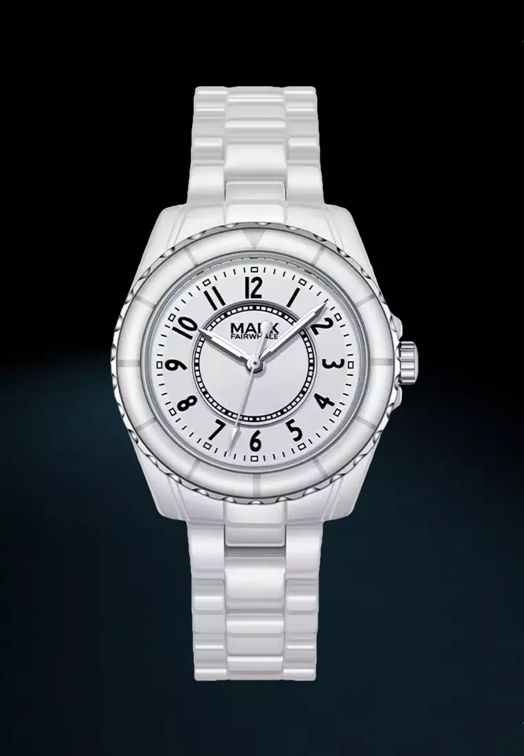 女士白色陶瓷石英手錶，36毫米，白色錶盤，陶瓷手鍊