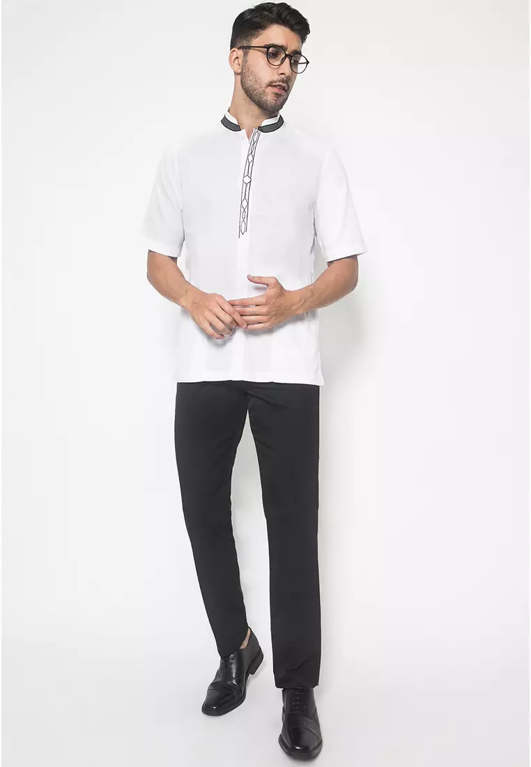 LGS - Baju Koko - Aksen Putih - Bordir - Putih - Slim Fit