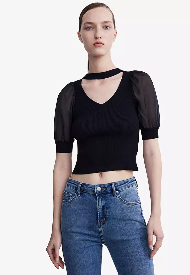 Buy Mesh Sheer Short Sleeve Crop Tops online