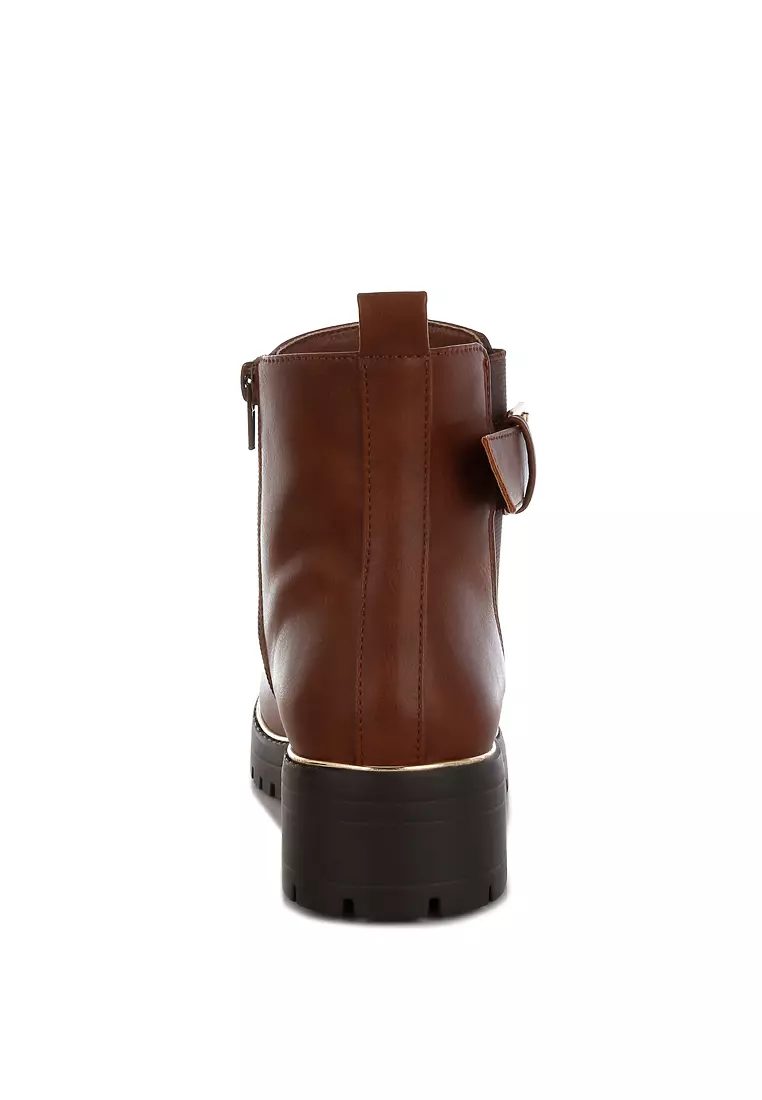 Chunky Buckle Detail Ankle Boots in Tan