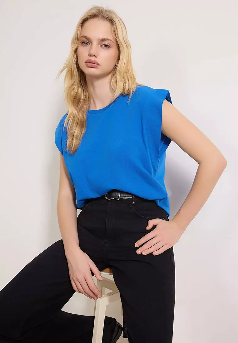 Cobalt 1% Cotton Shoulder Pad Look Basic Crew Neck Knitted T-Shirt Twoss2Ts21