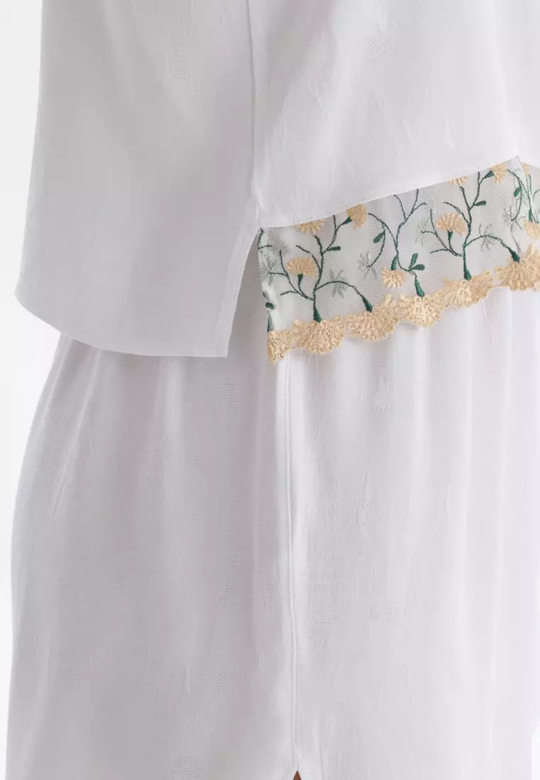 Ecru Camisole & Shorts Set, Floral Printed, V-Neck, Slim Fit, Short Leg, Underwear for Women