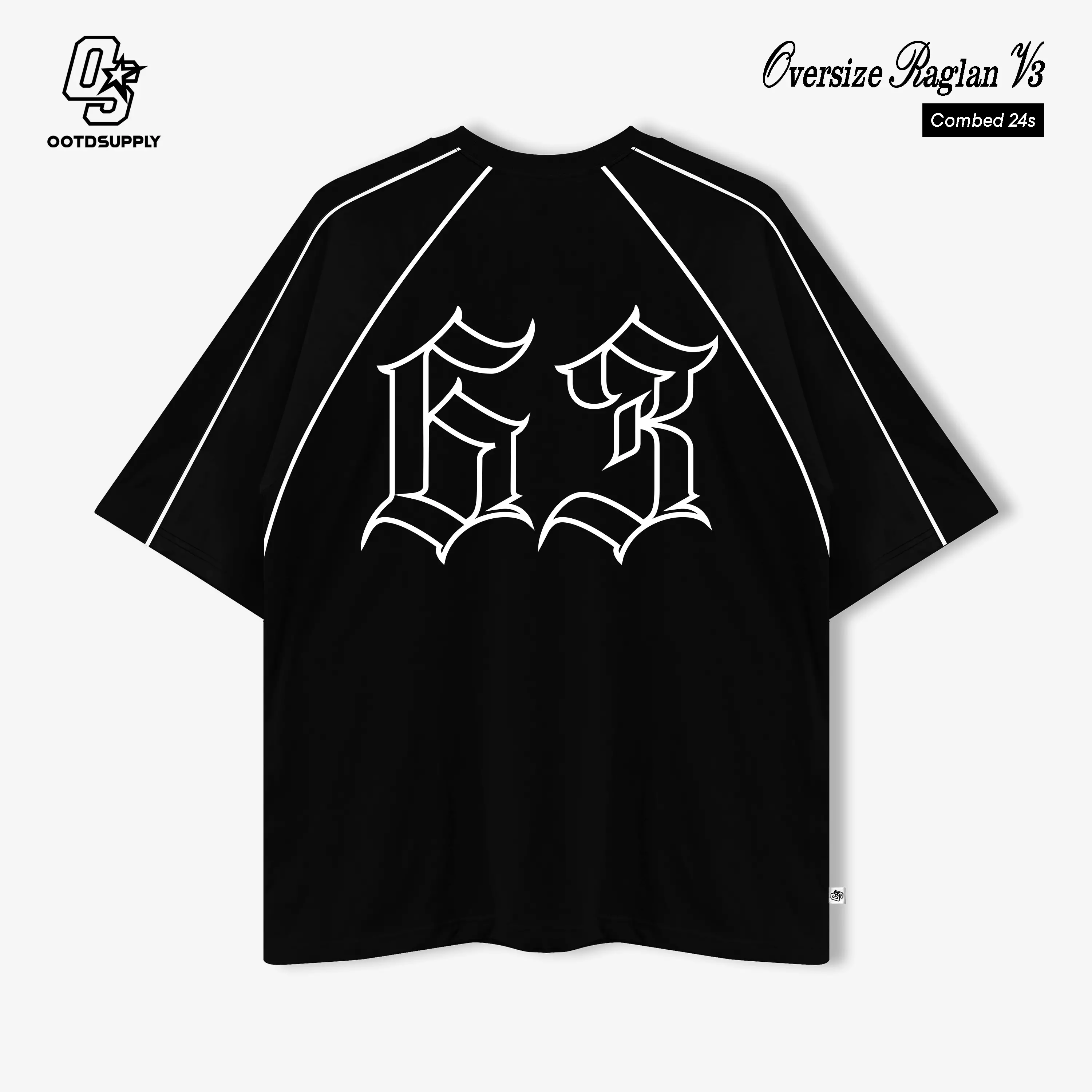 OOTDSUPPLY Oversized Raglan List V3 Peace Club Black & White | Oversize Pria & Wanita OVZRGL005